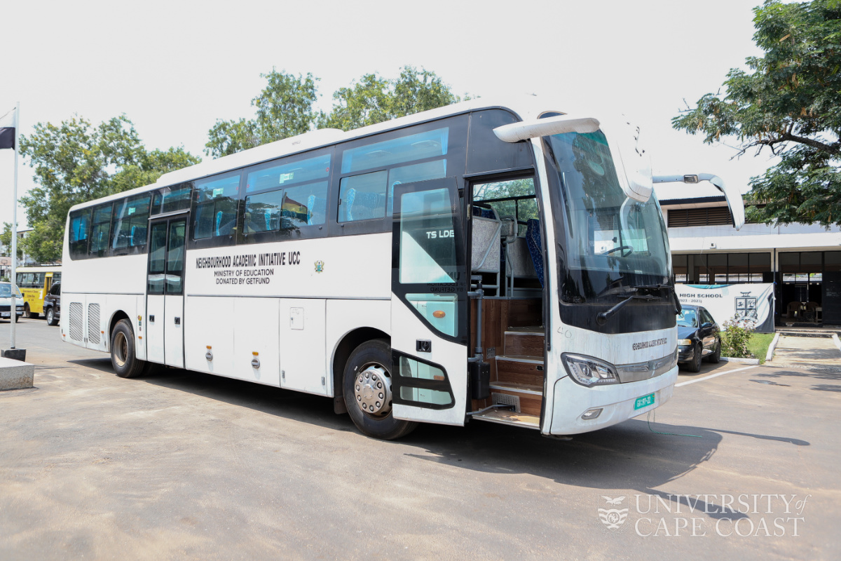 A 66 seater bus donated by the Minister of Education to facilitate community engagements and academic visitations to basic schools in the Central Region A 66 seater bus donated by the Minister of Education to facilitate community engagements and academic visitations to basic schools in the Central Region