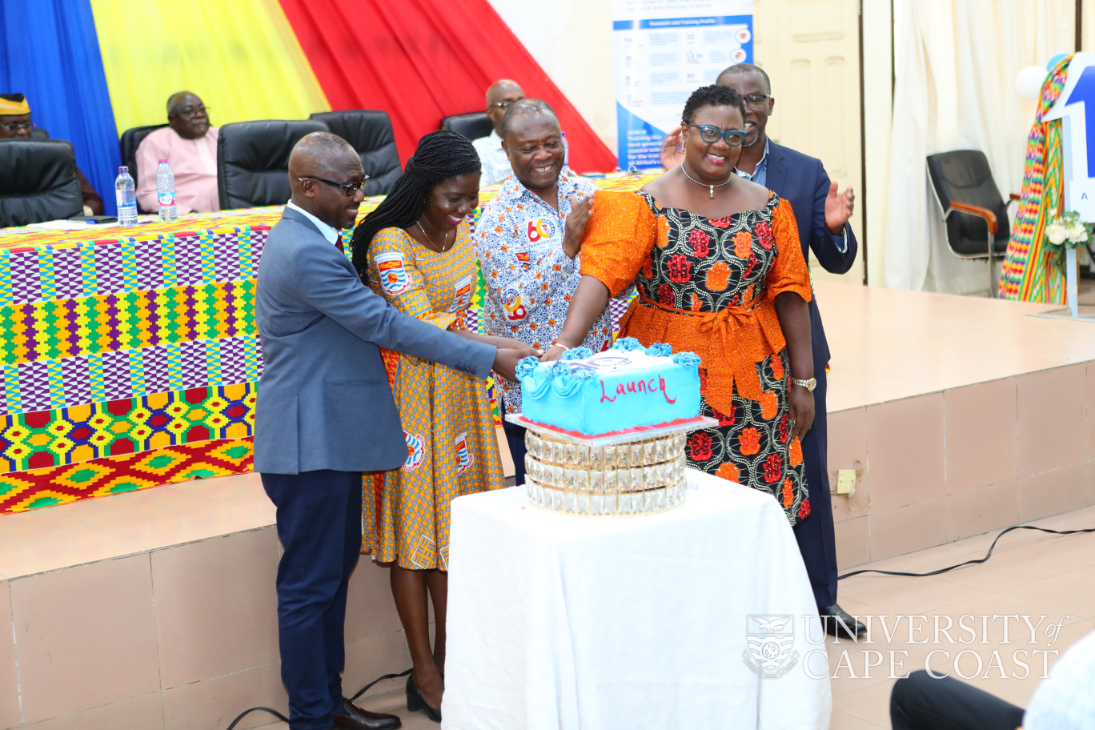 L-R: Director of CCM, Prof. Aheto; Pro VC, Prof. Rosemond Boohene; Former Pro VC, Prof. G.K.T. Oduro and Immediate Past Pro VC, Prof. Dora Edu-Buandoh cutting the anniversary launch cake. Behind is the Provost of CANS, Prof. Moses Joojo Eghan.