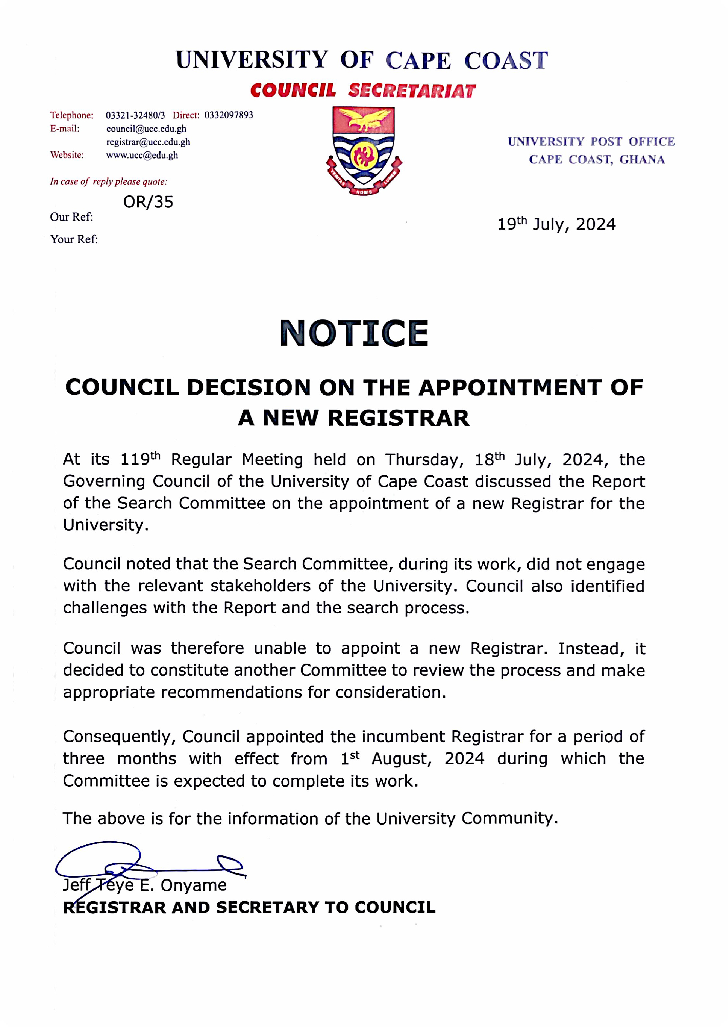 NOTICE - COUNCIL DECISION ON THE APPOINTMENT OF A NEW REGISTRAR ANNOUNCEMENT