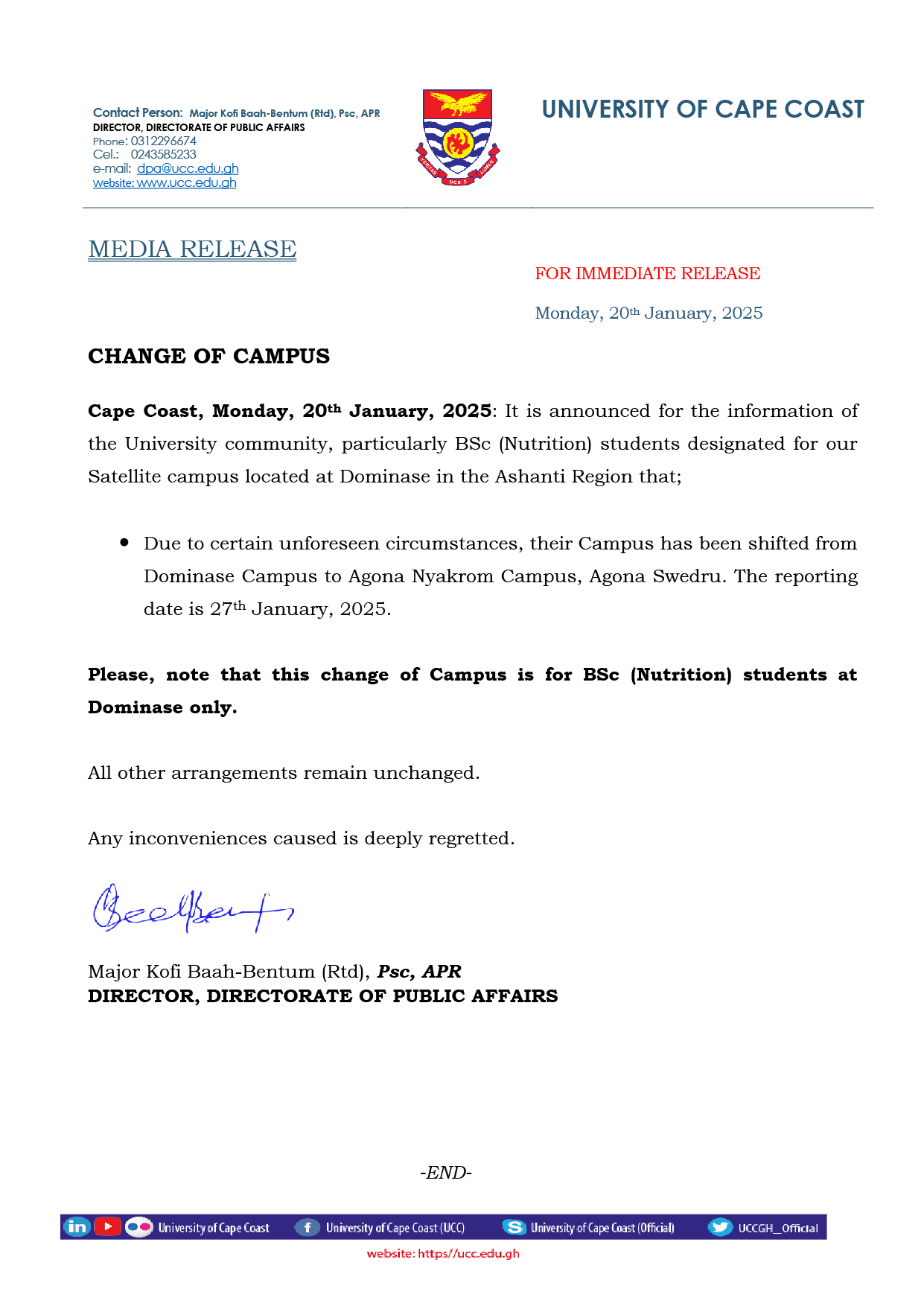 CHANGE OF CAMPUS PRESS RELEASE