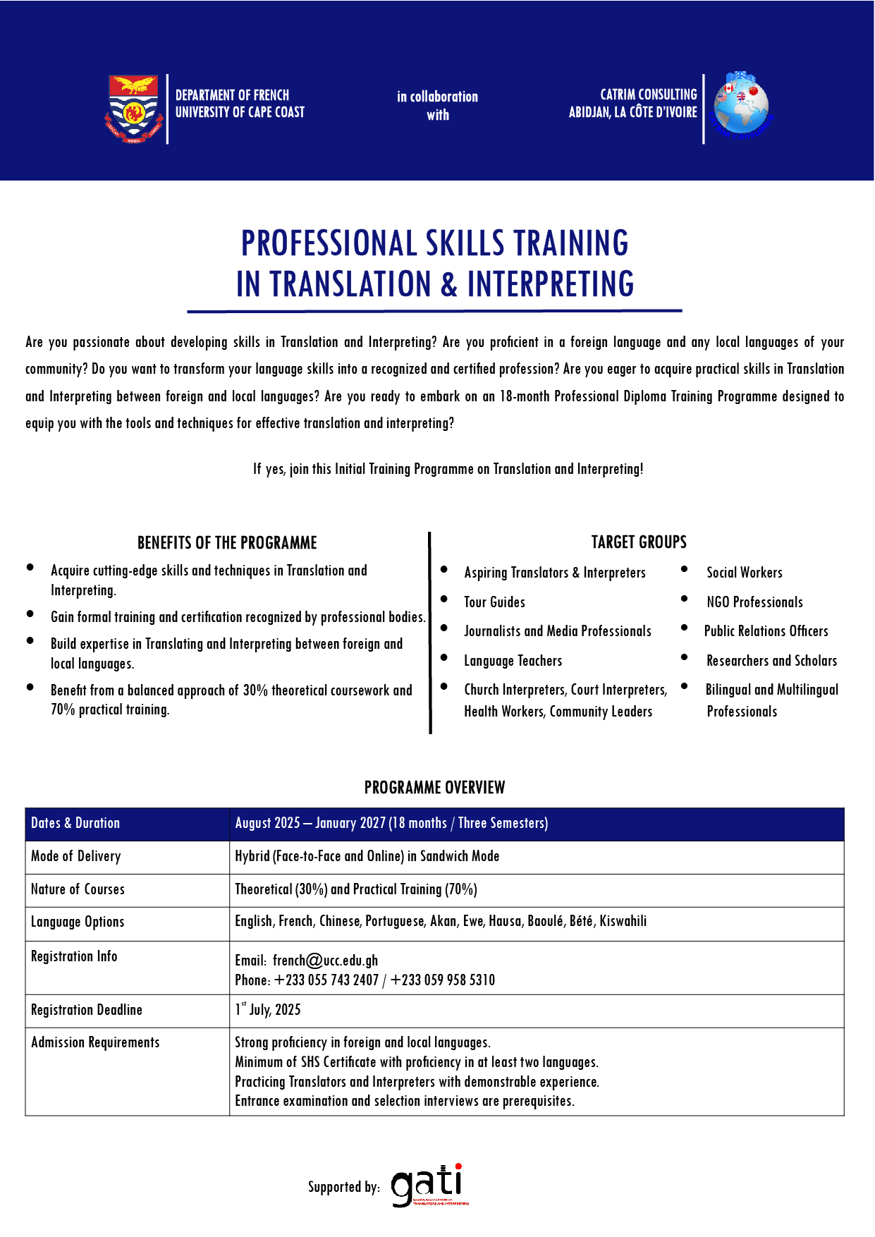 PROFESSIONAL SKILLS TRAINING IN TRANSLATION & INTERPRETING ANNOUNCEMENT