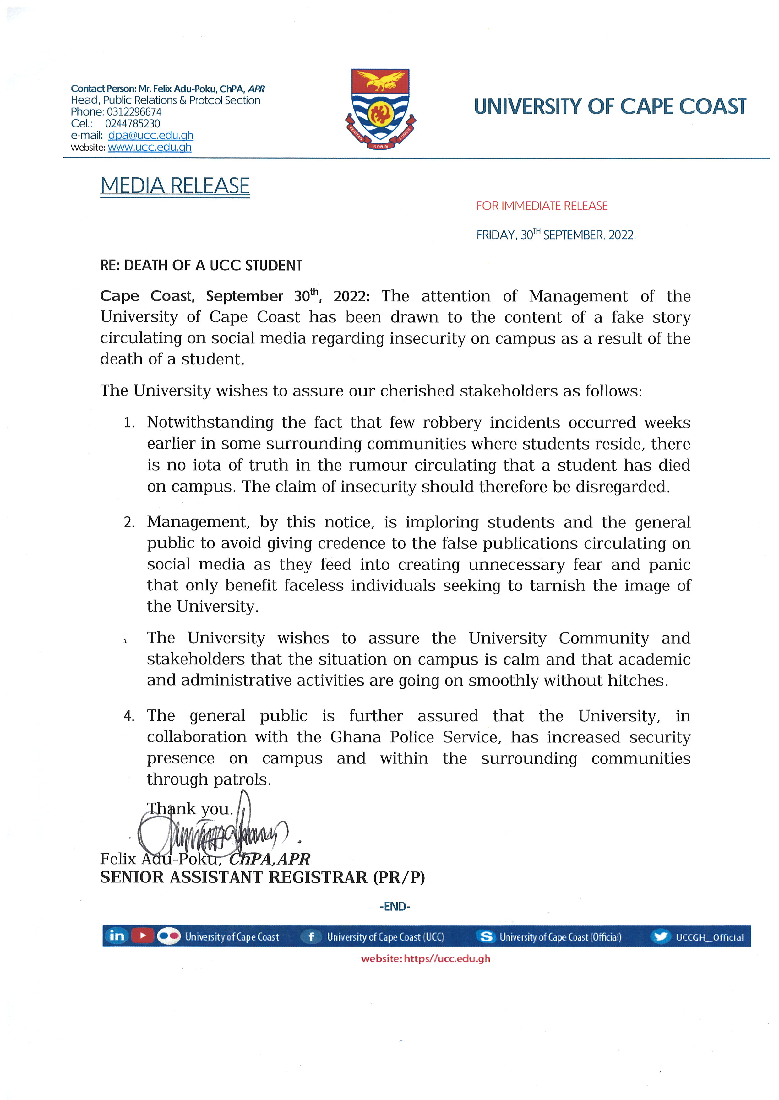 RE: DEATH OF A UCC STUDENT PRESS RELEASE