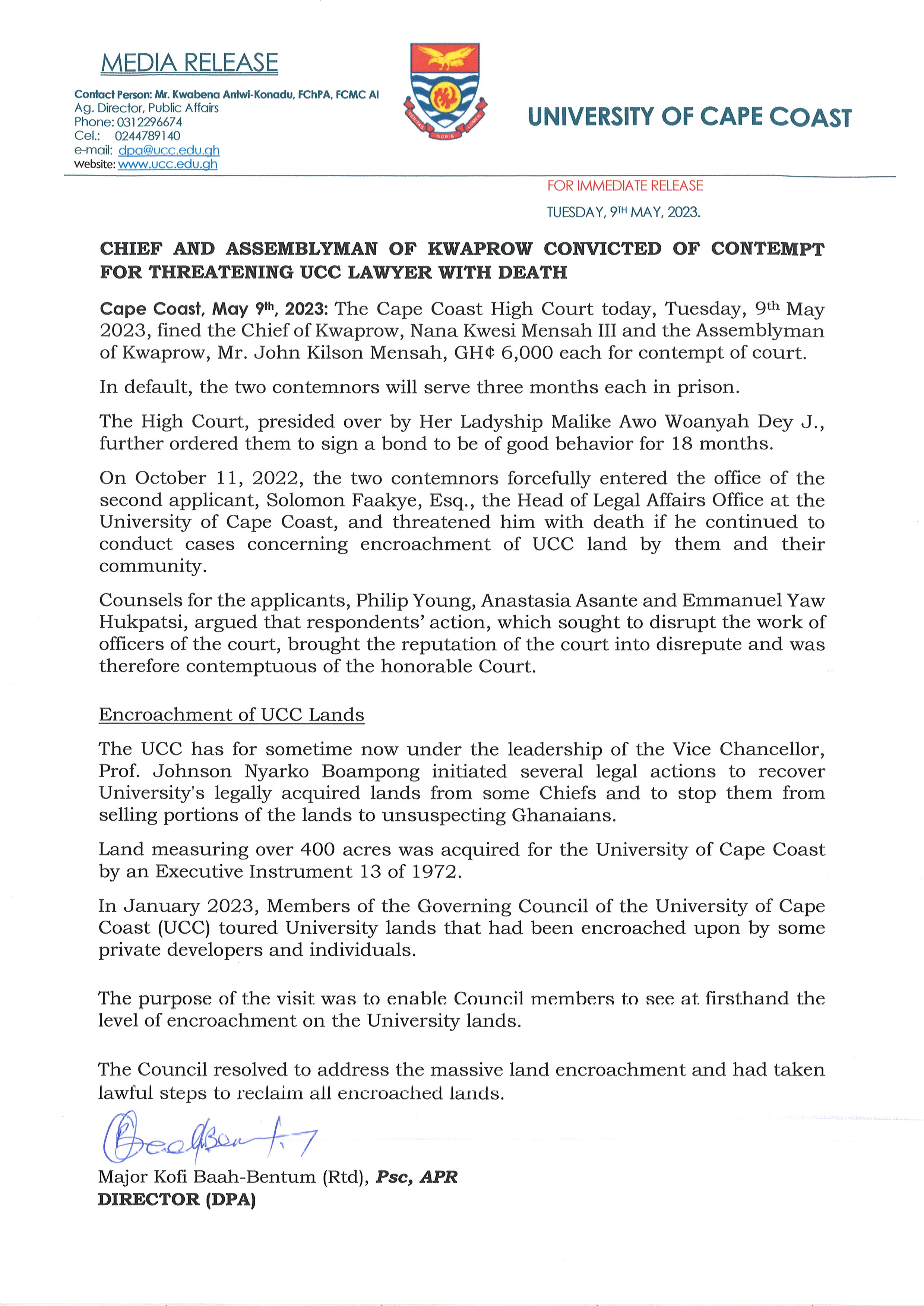 CHIEF AND ASSEMBLYMAN OF KWAPROW CONVICTED OF CONTEMPT FOR THREATENING UCC LAWYER WITH DEATH PRESS RELEASE