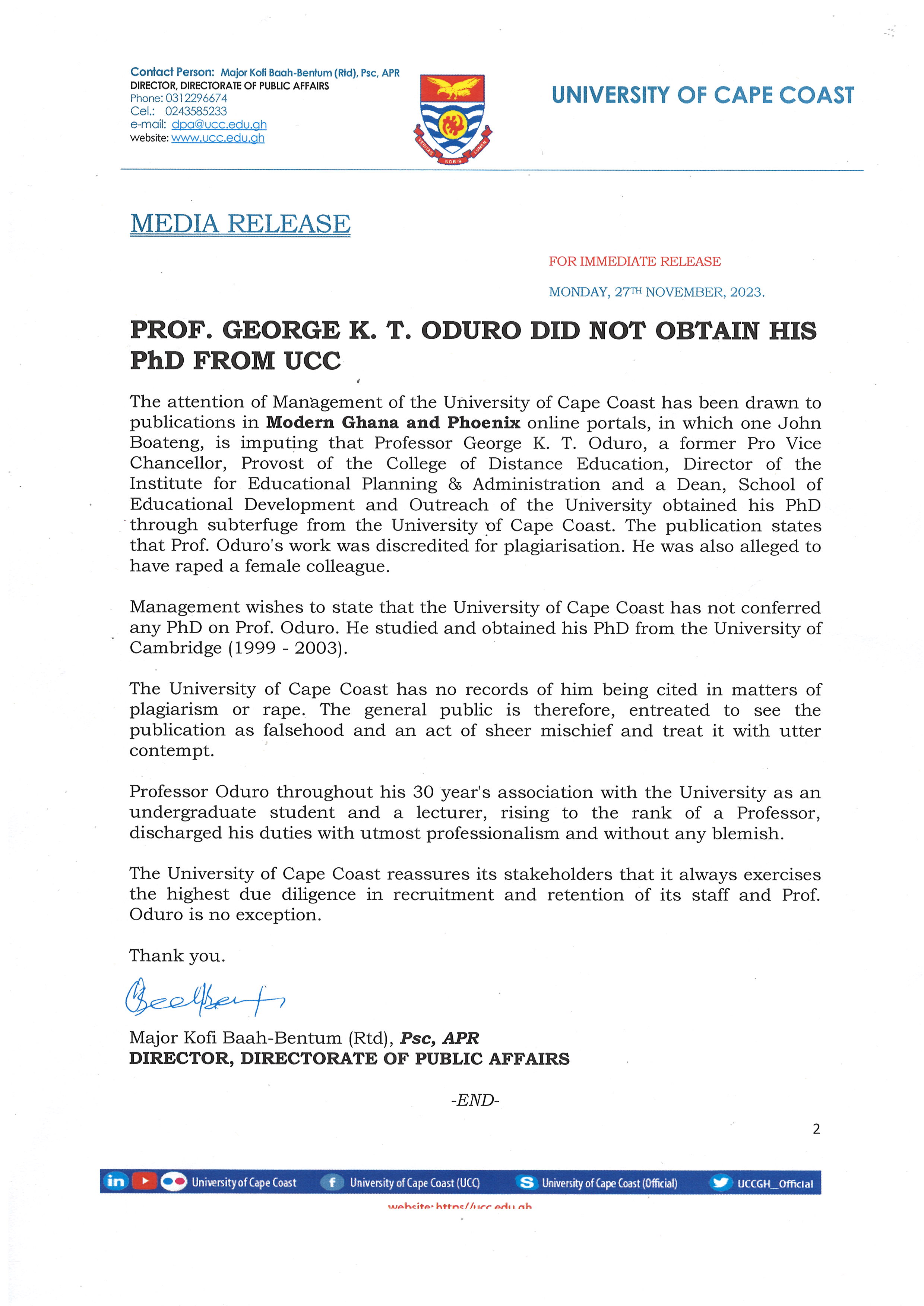 PROF. GEORGE K. T. ODURO DID NOT OBTAIN HIS PhD FROM UCC PRESS RELEASE