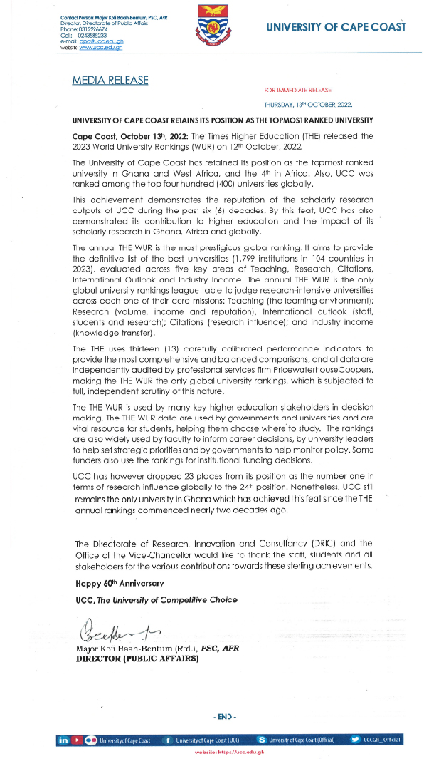 UNIVERSITY OF CAPE COAST RETAINS ITS POSITIONS AS THE TOPMOST RANKED UNIVERSITY ANNOUNCEMENT