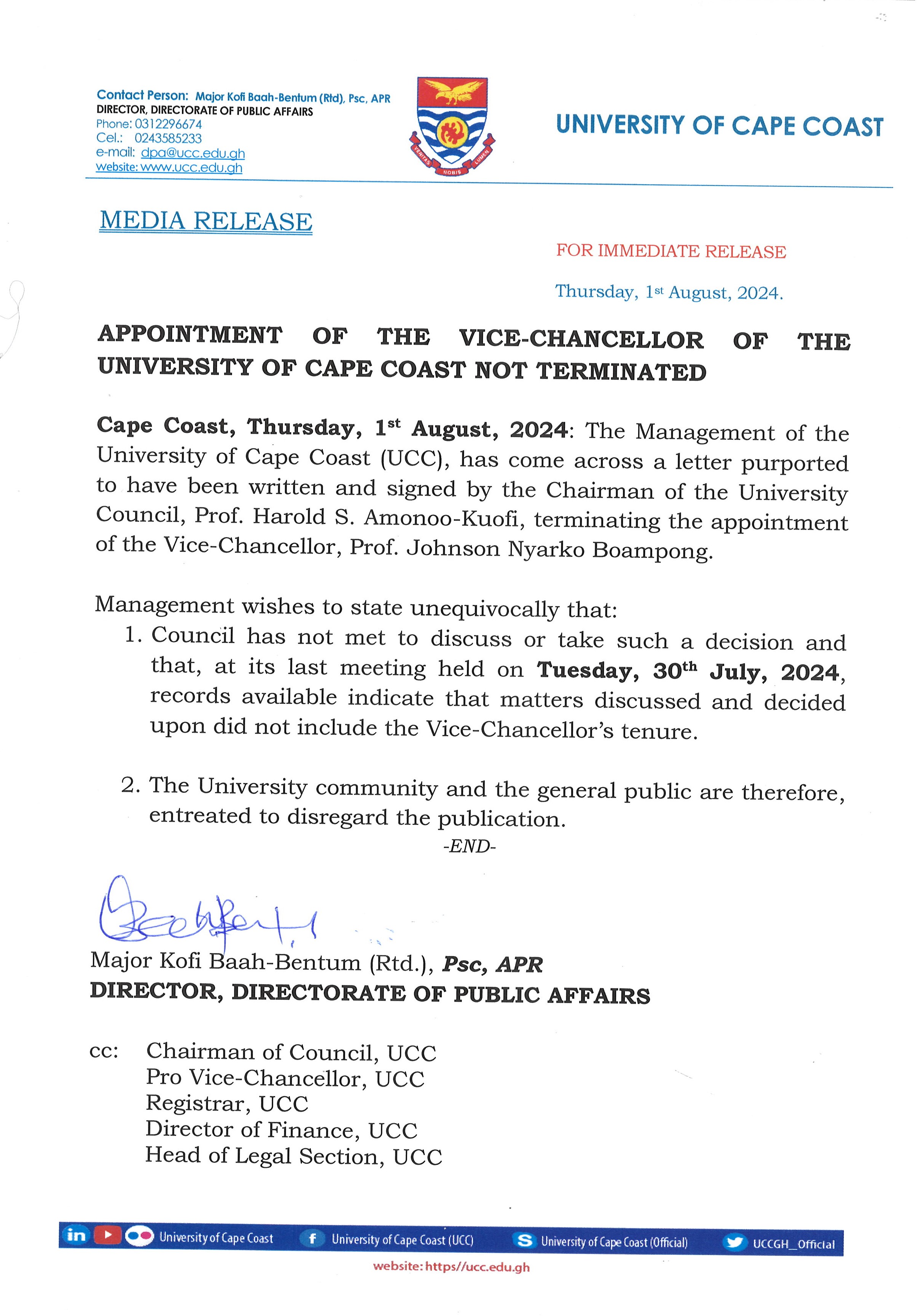 APPOINTMENT OF THE VICE-CHANCELLOR OF THE UNIVERSITY OF CAPE COAST NOT TERMINATED PRESS RELEASE