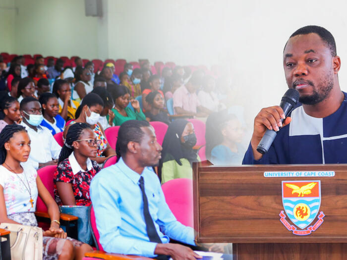 Head, Department of Physician Assistant Studies, Dr. Stephen Ocansey addressing the students A man on a podium addressing a crowd