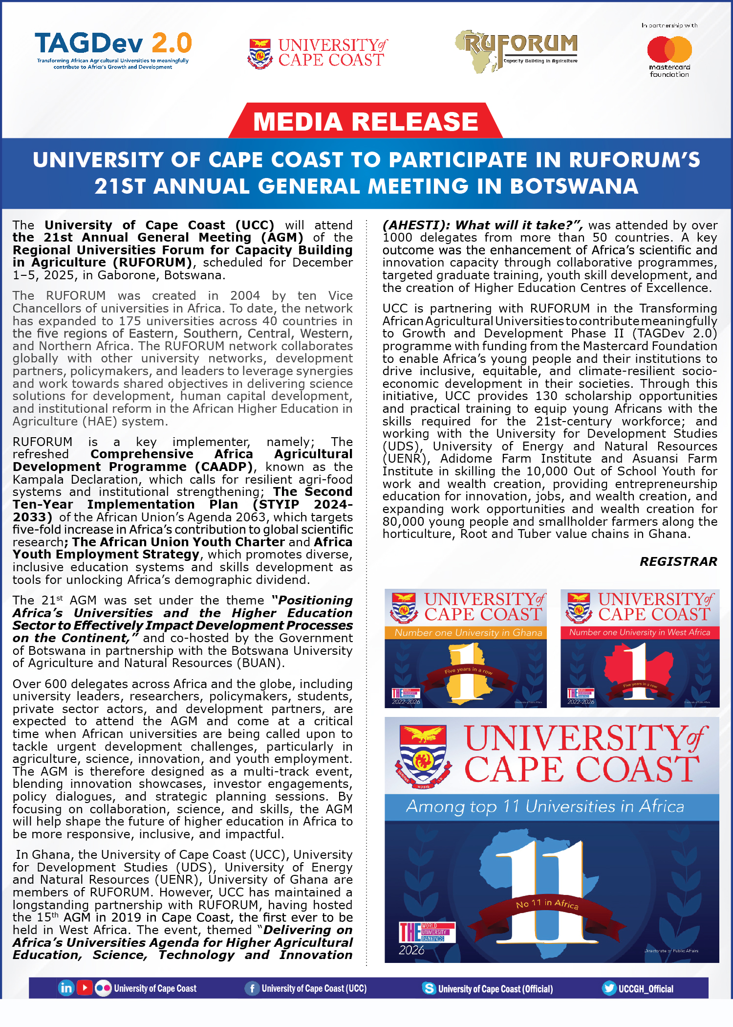 UCC TO PARTICIPATE IN RUFORUM’s 21ST ANNUAL GENERAL MEETING IN BOTSWANA PRESS RELEASE