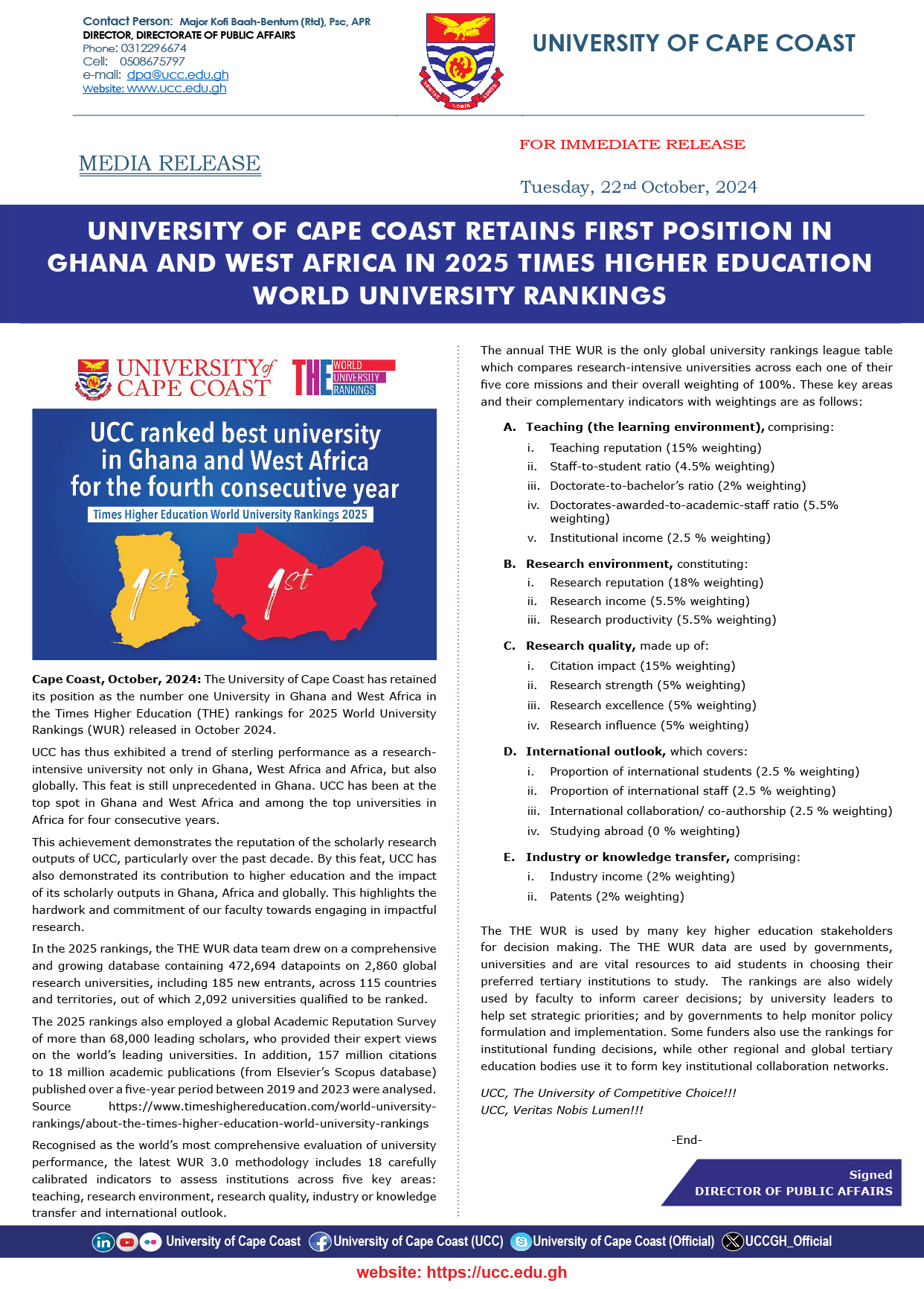 UNIVERSITY OF CAPE COAST RETAINS FIRST POSITION IN GHANA AND WEST AFRICA IN 2025 TIMES HIGHER EDUCATION WORLD UNIVERSITY RANKINGS PRESS RELEASE
